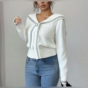 Chic White V-Neck Sweater with Sailor Collar